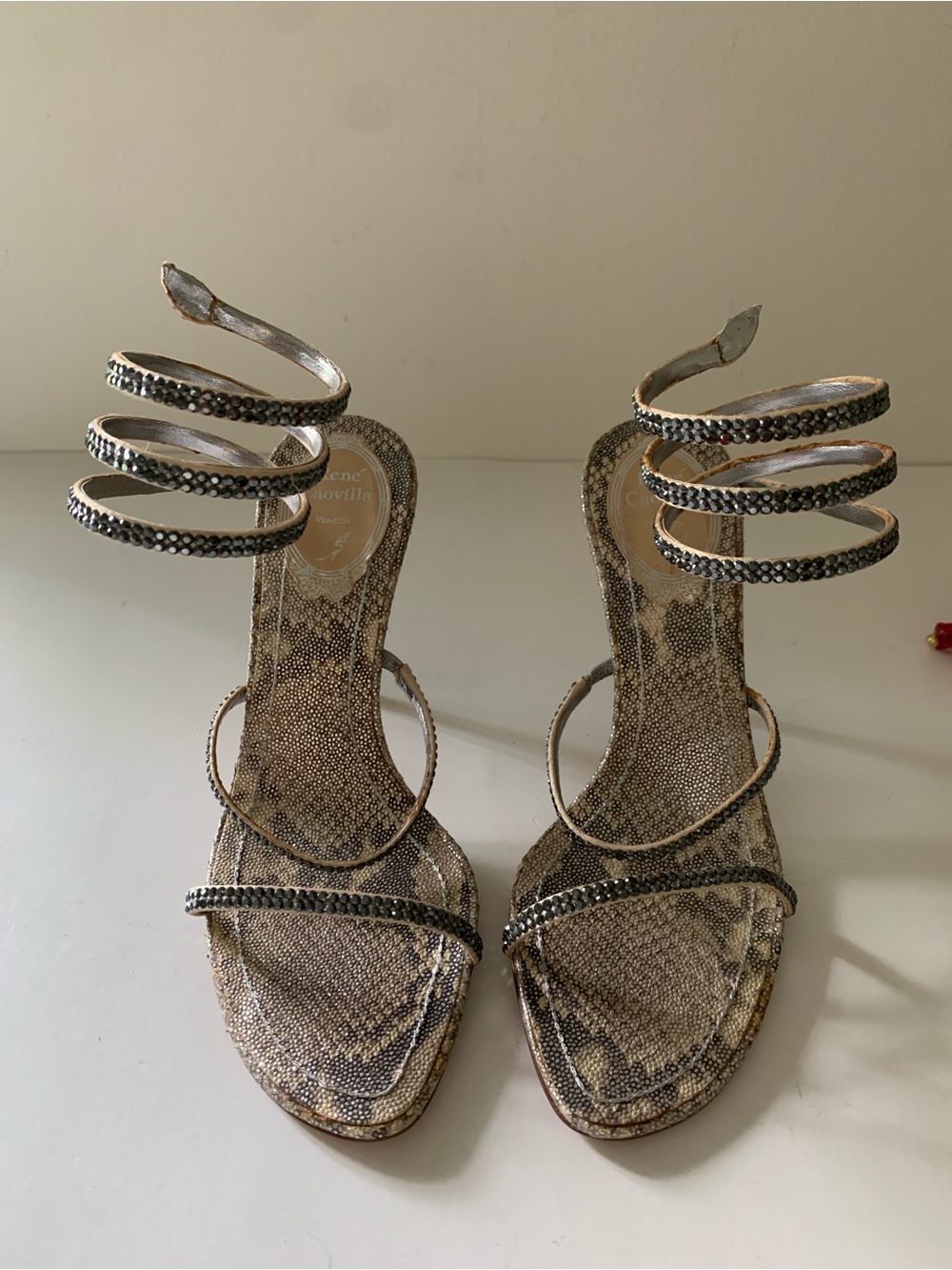 Vintage Rene Caovilla Snake Coil Ankle Wrap Stiletto Heel Sandals, Crystals, 36